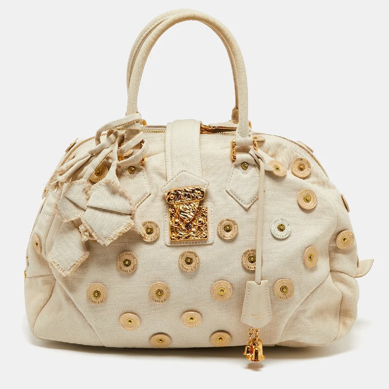 Louis Vuitton bags with a detachable mirror inside for on - the - go touch - upsLouis Vuitton Cream Canvas Polka Dot Panama Bowly Bag