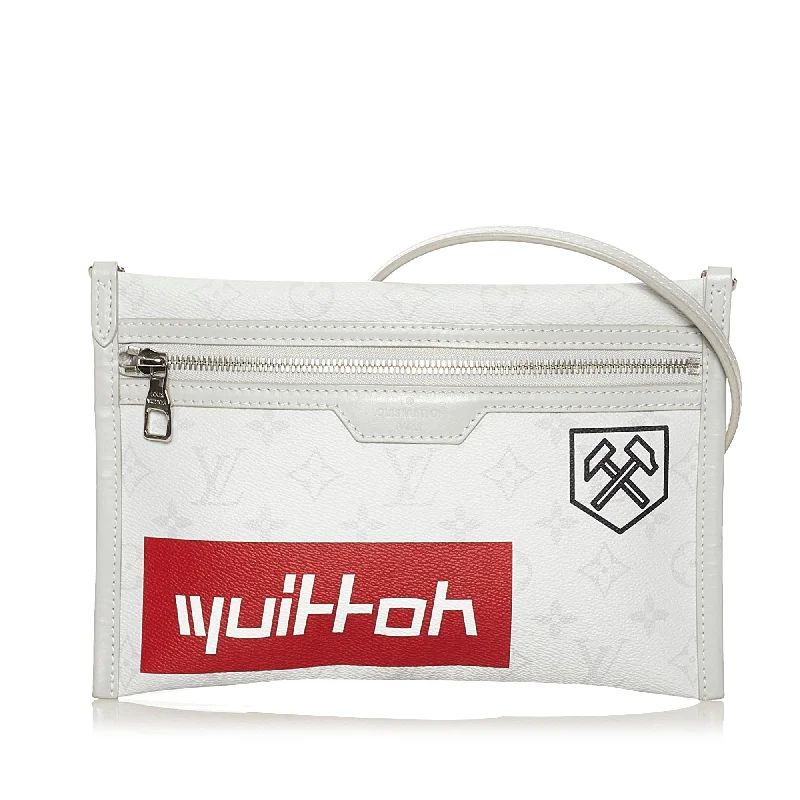 Louis Vuitton crossbody bags with a printed floral pattern for femininityLouis Vuitton Double Flat Bag White Logo Story Monogram Canvas