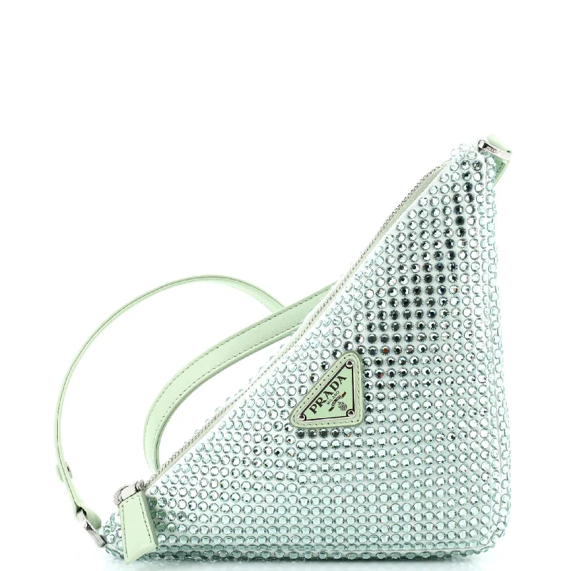 Triangle Top Handle Pouch Bag Crystal Embellished Satin Mini