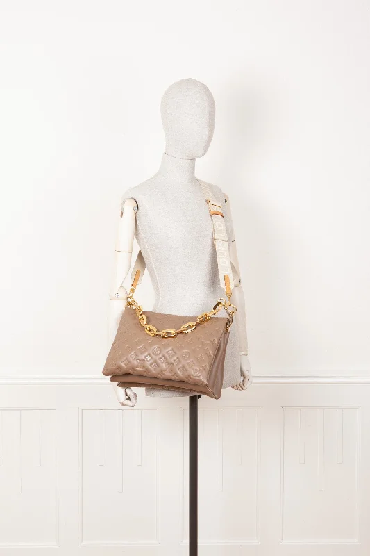 Louis Vuitton Alma bags with a monogram - embossed leather surfaceLOUIS VUITTON Coussin MM Taupe