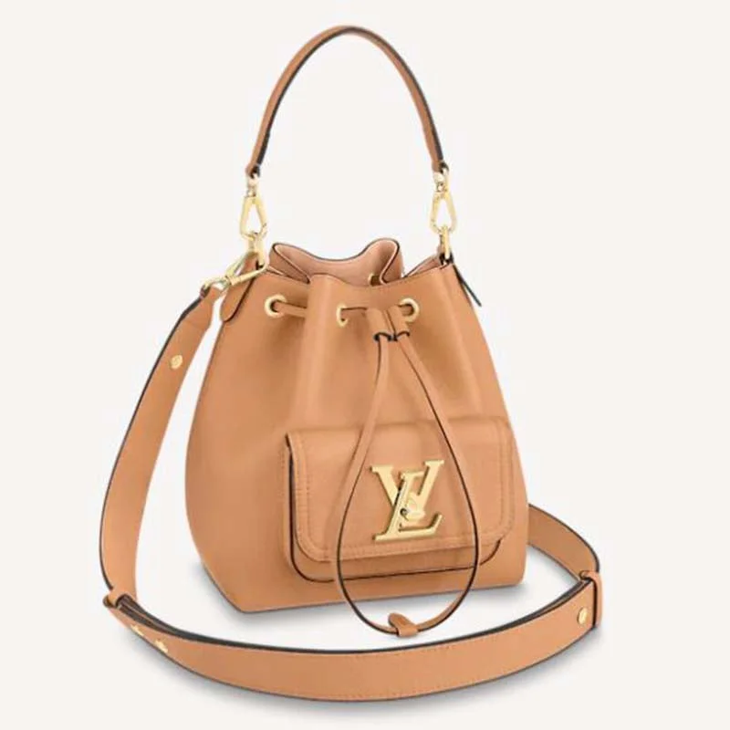 Louis Vuitton bags with a front - flap pocket for quick - access itemsLouis Vuitton Unisex Lockme Bucket Bag Arizona Beige Grained Calf Leather