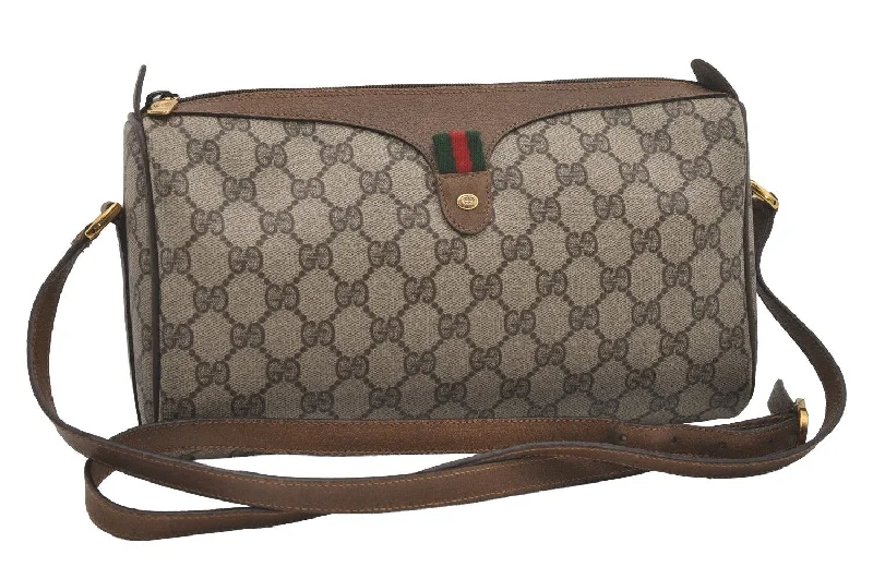 Women Gucci Sylvie bags with a monogram - embossed leatherAuthentic GUCCI Web Sherry Line Shoulder Cross Bag GG PVC Leather Brown 6946I