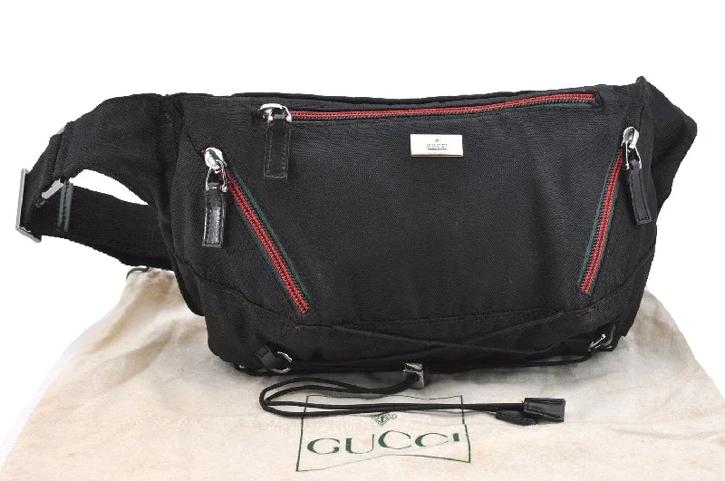 Women Gucci bags with a snap - button closure and a decorative charmAuthentic GUCCI Web Sherry Line Waist Body Bag Nylon Leather 122350 Black 3947I