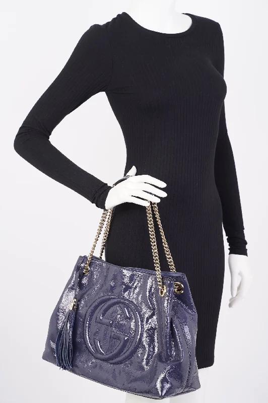 Ladies Gucci shoulder bags with a magnetic - closure flapGucci Soho Disco Bag Blue Patent Leather Tote