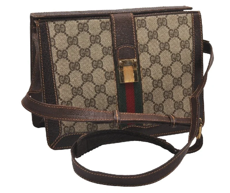 Ladies Gucci shoulder bags with a magnetic - closure flapAuthentic GUCCI Web Sherry Line Shoulder Cross Bag GG PVC Leather Brown 3563I