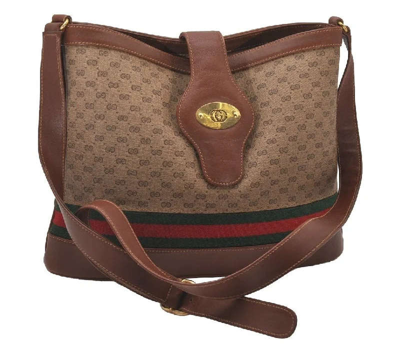 Ladies Gucci shoulder bags with a wide - width strapAuth GUCCI Web Sherry Line Micro GG Shoulder Bag PVC Leather Brown Junk 3917I