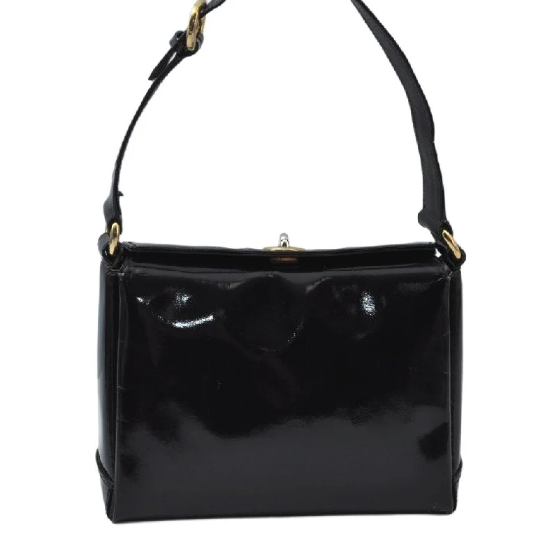 Women Gucci bags with a zippered interior pocketAuthentic GUCCI Vintage Shoulder Hand Bag Purse Enamel Black K5369