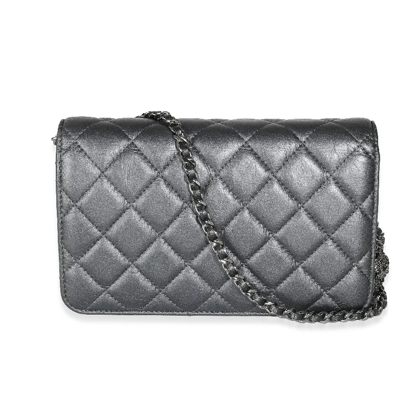 Chanel Luxury Handbag for High - End EventsCHANEL Dark Silver Iridescent Aged Quilted Calfskin Tassel Wallet On Chain