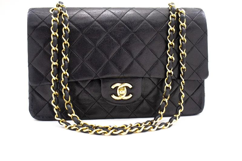 Chanel Quilted Leather Shoulder Bag for FashionistasCHANEL Classic Double Flap 10" Chain Shoulder Bag Black Lambskin