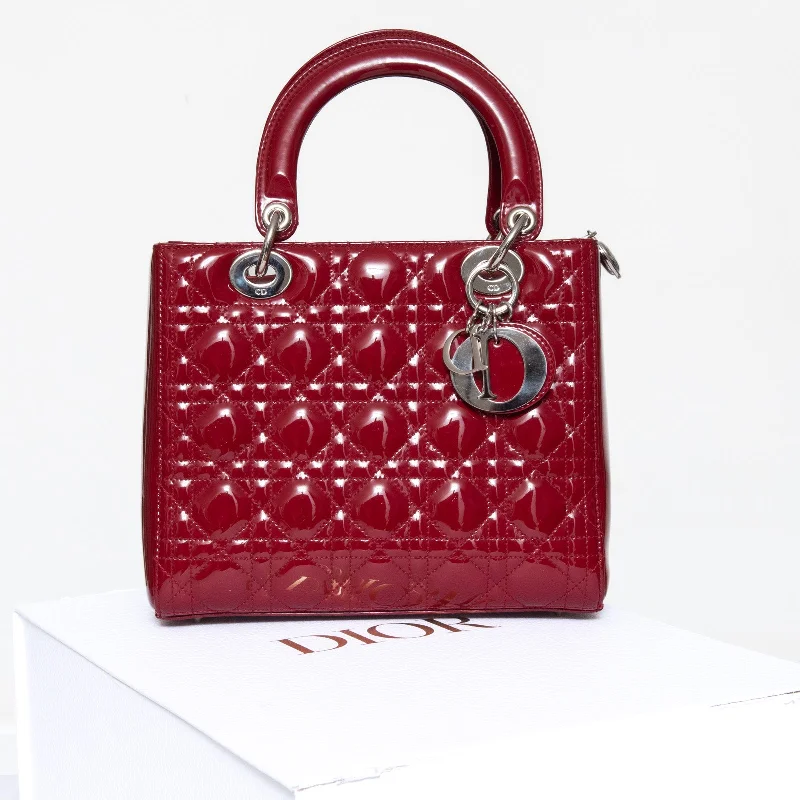 Dior Red Cannage Patent Leather Medium Lady Dior Tote