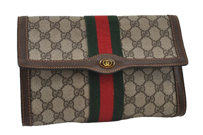 Women Gucci crossbody bags with a printed floral patternAuthentic GUCCI Web Sherry Line Clutch Hand Bag GG PVC Leather Brown Junk 3977I