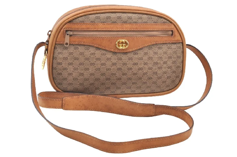 Women Gucci crossbody bags with a woven leather strapAuthentic GUCCI Micro GG PVC Leather Shoulder Cross Body Bag Purse Brown 3932I